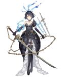  1girl alice_(sinoalice) black_dress boots breasts chain choker crossed_legs dark_blue_hair dress elbow_gloves eyebrows_visible_through_hair floating floating_object floating_sword floating_weapon full_body gloves hairband holding holding_sword holding_weapon ji_no looking_at_viewer medium_breasts official_art red_eyes short_hair single_elbow_glove sinoalice solo sword tattoo thigh_boots thighhighs transparent_background watson_cross weapon 