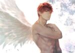  1boy abs angel_wings commentary_request eyebrows hand_on_own_shoulder jewelry kagami_taiga kuroko_no_basuke looking_at_viewer male_focus necklace red_eyes red_hair short_hair smile solo toned toned_male topless_male torisu wings 