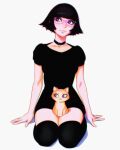  1girl animal_on_lap bangs black_dress black_hair black_legwear cat cat_on_lap choker dress facing_viewer glasses heart heart_choker highres ilya_kuvshinov kneeling lisa_(ilya_kuvshinov) looking_to_the_side original purple-framed_eyewear purple_eyes short_hair solo thighhighs white_background 