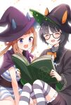  alternate_costume animal_ears belt blush book braid closed_eyes enkichi_totan glasses halloween_costume hat highres horse_ears open_mouth purple_eyes reading ribbon side_braid simple_background sweep_tosho_(umamusume) thighhighs twintails umamusume white_background witch_hat zenno_rob_roy_(umamusume) 