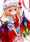  1girl bangs blue_nails blush bow breasts collared_shirt commentary_request crystal eyebrows_visible_through_hair flandre_scarlet frilled_skirt frills hands_on_ground hat hat_ribbon looking_at_viewer mob_cap nail_polish pointy_ears puffy_short_sleeves puffy_sleeves red_eyes red_ribbon red_skirt ribbon sakizaki_saki-p shirt short_sleeves side_ponytail simple_background sitting skirt small_breasts smile solo touhou twitter_username white_background white_headwear wing_collar wings wrist_cuffs yellow_neckwear yellow_ribbon 