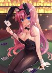  1girl ace_of_hearts animal_ears black_bow black_bowtie black_leotard blue_eyes bow bowtie breasts card cleavage commentary_request cowboy_shot detached_collar large_breasts leotard long_hair looking_at_viewer noe_(noe_emk) original pantyhose pink_hair playboy_bunny playing_card rabbit_ears rabbit_tail sitting smile solo strapless strapless_leotard table tail wrist_cuffs 