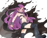  1girl ass bikini black_nails boots broken broken_chain chain chained_wrists clenched_hand collar cuffs dai00888 flat_chest g-string grin heterochromia highleg highres horns kishirika_kishirisu long_hair metal_collar mushoku_tensei nail_polish pose purple_eyes purple_hair revealing_clothes sharp_teeth shorts smile solo standing strapless swimsuit teeth thigh_boots thighhighs thong thong_bikini tube_top 