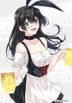 1girl alcohol animal_ears bare_shoulders beer beer_mug black_hair blue_eyes blush breasts cleavage commentary_request cup dirndl eyebrows_visible_through_hair fake_animal_ears german_clothes glasses holding holding_cup kantai_collection long_hair medium_breasts mikage_takashi mug off_shoulder ooyodo_(kancolle) open_mouth rabbit_ears semi-rimless_eyewear smile solo twitter_username 