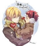  2boys blonde_hair carrying child coat commentary_request dated earmuffs kagami_taiga kise_ryouta kuroko_no_basuke long_sleeves looking_at_another male_focus mittens multiple_boys red_eyes red_hair scarf short_hair smile time_paradox torisu winter_clothes winter_coat yellow_eyes younger 