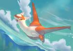  :d claws cloud commentary_request day flying full_body kikuyoshi_(tracco) latias looking_at_viewer no_humans open_mouth orange_eyes outdoors pokemon pokemon_(creature) signature sky smile solo tongue water 