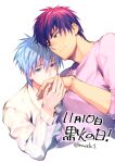  2boys closed_mouth cropped_torso height_difference kagami_taiga kiss kissing_hand kuroko_no_basuke kuroko_tetsuya light_blue_eyes light_blue_hair light_smile long_sleeves looking_down male_focus multiple_boys pink_shirt red_eyes red_hair shirt short_hair torisu white_shirt yaoi 