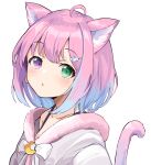  1girl absurdres ahoge anbasa_(amaneyuz13) animal_ears bangs blue_hair blush candy_hair_ornament cat_ears cat_girl cat_tail commentary_request eyebrows_visible_through_hair food-themed_hair_ornament fur_trim gradient_hair green_eyes hair_ornament heterochromia highres himemori_luna hololive looking_at_viewer multicolored_hair parted_lips pink_hair purple_eyes short_hair simple_background solo tail tail_raised upper_body virtual_youtuber white_background 