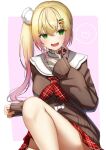  1girl bangs blonde_hair blush breasts brown_sweater commentary_request eyebrows_visible_through_hair eyes_visible_through_hair gradient_hair green_eyes hair_between_eyes hair_ornament heart highres hololive long_sleeves looking_at_viewer menmen_(ijnwfpaihpufxox) momosuzu_nene multicolored_hair nail_polish neckerchief open_mouth pink_hair plaid plaid_neckerchief plaid_skirt pom_pom_(clothes) pom_pom_hair_ornament red_neckerchief red_skirt side_ponytail simple_background skirt sleeves_past_wrists smile solo spoken_heart sweater virtual_youtuber 