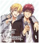  2boys :d arm_around_shoulder blonde_hair character_name commentary_request grey_jacket grin holding holding_microphone jacket jewelry kagami_taiga kise_ryouta kuroko_no_basuke long_sleeves looking_at_another male_focus microphone multiple_boys necklace necktie open_clothes red_eyes red_hair school_uniform shirt short_hair smile torisu yellow_eyes 