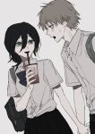  1boy 1girl :d bag black_hair black_skirt blonde_hair blue_bow blue_bowtie bow bowtie chainsaw_man cup denji_(chainsaw_man) disposable_cup dress_shirt drinking_straw ebanoniwa green_eyes grey_shirt hair_between_eyes hair_bun holding holding_cup holding_hands open_mouth pleated_skirt reze_(chainsaw_man) sharp_teeth shirt short_sleeves shoulder_bag simple_background skirt smile sweatdrop teeth white_background wing_collar 