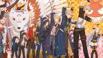  6+boys 6+girls bandages bangs benghuai_xueyuan black_gloves black_hair black_jacket blonde_hair blue_hair blue_neckwear brown_gloves brown_hair captain_(honkai_impact) carnival_phantasm cecilia_schariac character_request closed_eyes closed_mouth da_wei elbow_gloves formal fox frederica_nikola_tesla gloves grin hair_between_eyes hair_ornament highres higokumaru honkai_(series) honkai_impact_3rd jacket kallen_kaslana kevin_kaslana lieserl_albert_einstein long_hair long_sleeves multiple_boys multiple_girls necktie open_clothes open_jacket open_mouth otto_apocalypse outstretched_arms parody purple_hair red_hair red_neckwear short_hair siegfried_kaslana sirin smile super_affection teeth television twintails white_hair yume_sai 