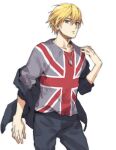  1boy black_jacket blonde_hair collarbone commentary_request dog_tags flag_print jacket jacket_partially_removed jewelry kise_ryouta kuroko_no_basuke looking_at_viewer male_focus necklace shirt short_hair simple_background solo torisu union_jack union_jack_print white_background yellow_eyes 