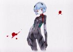  1girl ayanami_rei black_bodysuit blood blood_on_face blood_splatter blue_hair bodysuit breasts closed_mouth commentary cowboy_shot evangelion:_3.0_you_can_(not)_redo faux_traditional_media highres iiibanah looking_at_viewer neon_genesis_evangelion plugsuit rebuild_of_evangelion red_eyes short_hair skin_tight small_breasts solo white_background 