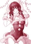  1girl :d animal_ears blush boots breasts covered_navel ear_pull ears_down hands_up head_tilt highres hizuki_akira looking_at_viewer medium_breasts monochrome original pom_pom_(clothes) puffy_short_sleeves puffy_sleeves rabbit_ears red_theme santa_dress short_sleeves simple_background sitting smile solo wariza white_background 