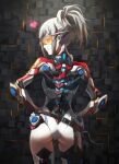  1girl android ass back bangs breasts grey_hair highleg highleg_leotard highres joints large_breasts leotard long_hair looking_at_viewer looking_back mechanical_arms original ponytail robot_joints smile solo thighs tonee visor white_leotard 