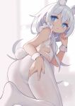  +_+ 1girl absurdres animal_ears ass azur_lane bangs blue_eyes expressionless eyebrows_visible_through_hair fake_animal_ears fake_tail from_behind highres kneeling le_malin_(azur_lane) le_malin_(listless_lapin)_(azur_lane) leotard long_hair looking_at_viewer official_alternate_costume pantyhose playboy_bunny qianqiu_wanxia rabbit_ears rabbit_tail sidelocks silver_hair solo tail white_legwear white_leotard wrist_cuffs 