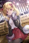  1girl :o akatsuki_hijiri alternate_costume bag bangs bench black_jacket black_legwear blonde_hair branch breasts commentary_request earrings ereshkigal_(fate) eyebrows_visible_through_hair fate/grand_order fate_(series) fur-trimmed_jacket fur-trimmed_sleeves fur_trim gloves hair_ribbon handbag jacket jewelry long_hair long_sleeves looking_at_viewer medium_breasts open_clothes open_jacket open_mouth outdoors pantyhose parted_bangs red_eyes red_ribbon red_skirt ribbed_sweater ribbon signature sitting sitting_on_bench skirt snow snowing solo sweater tree two_side_up very_long_hair white_gloves white_sweater winter_clothes wooden_bench 