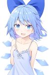  1girl :d alternate_costume arm_behind_back bangs blue_bow blue_eyes blue_hair blush bow breasts cirno commentary duplicate e.o. eyebrows_visible_through_hair fang hair_bow highres ice ice_wings lingerie looking_at_viewer negligee open_mouth shiny shiny_hair short_hair simple_background skin_fang small_breasts smile solo spaghetti_strap standing touhou underwear upper_body white_background wings 