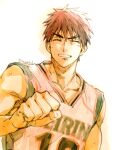  1boy basketball_uniform clenched_hand closed_eyes collarbone commentary_request eyebrows facing_viewer grin kagami_taiga kuroko_no_basuke male_focus red_hair short_hair smile solo sportswear teeth toned toned_male torisu upper_body 