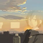  1girl black_eyes bottle building closed_mouth cloud commentary_request dress highres muji_(uimss) original reflection short_hair solo sunset tree upper_body 