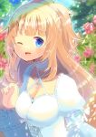  1girl ;d bangs blonde_hair blue_eyes blurry blurry_background blush breasts choker cleavage commentary_request criss-cross_halter day depth_of_field dress eyebrows_visible_through_hair flower frilled_choker frilled_dress frills halterneck hands_up juliet_sleeves kou_hiyoyo long_hair long_sleeves looking_at_viewer medium_breasts one_eye_closed open_mouth outdoors phantasy_star phantasy_star_online_2 ponytail puffy_sleeves red_flower red_rose rose smile solo upper_body very_long_hair white_choker white_dress 