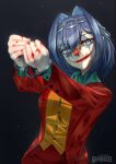  1girl arthur_fleck blue_eyes blue_hair chain clenched_hands cosplay cuffs dc_comics english_commentary eyebrows_visible_through_hair facepaint hair_intakes hairband handcuffs hololive hololive_english jacket joker_(2019) joker_(dc) joker_(dc)_(cosplay) looking_at_viewer minxei ouro_kronii pants red_jacket red_pants shirt short_hair smile solo upper_body virtual_youtuber yellow_shirt 