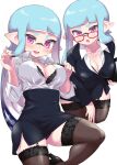  1girl agent_3_(splatoon) black_bra black_legwear black_panties bra breasts cleavage garter_straps glasses high_heels highres inkling large_breasts multiple_views open_mouth panties pantyshot penguin_maru_(penginmaru) pointy_ears purple_eyes splatoon_(series) squidbeak_splatoon teacher underwear white_background 