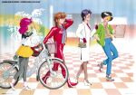  1990s_(style) 4girls absurdres arm_behind_head arm_up bag bangs bicycle black_hair blue_hair boots brown_hair bubblegum_crisis checkered checkered_floor copyright_name ground_vehicle hand_in_pocket handbag headband high_heels highres jacket linna_yamazaki long_hair long_sleeves miniskirt multiple_girls necktie nene_romanova official_art one_eye_closed open_clothes open_jacket open_mouth pantyhose pink_hair poster_(medium) priscilla_asagiri profile red_eyes red_jacket red_necktie retro_artstyle roller_skates scan shoes short_hair side_slit skates skirt sleeves_rolled_up smile sneakers sonoda_ken&#039;ichi standing sylia_stingray white_skirt yellow_skirt 