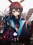  1girl amiya_(arknights) amiya_(guard)_(arknights) animal_ears arknights ascot black_coat blood blood_on_clothes blood_on_face blue_coat blue_eyes brown_background brown_hair chinese_commentary closed_mouth coat commentary_request english_text flower frilled_ascot frills grey_background highres holding holding_flower incoming_gift kkkovo long_hair long_sleeves looking_at_viewer noise official_alternate_costume purple_ascot rabbit_ears smile solo upper_body 