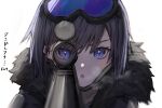  1girl absurdres aiming_at_viewer andreana_(arknights) arknights blue_eyes blue_hair fur-trimmed_jacket fur_trim goggles goggles_on_head gun highres jacket mask mask_pull mouth_mask raw_egg_lent scope sniper_scope sniping translated weapon white_background 