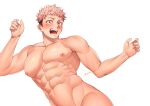  1boy abs alternate_pectoral_size bara blush brown_eyes ccccc_(jpn_m0) embarrassed facial_mark highres itadori_yuuji jacket jujutsu_kaisen large_pectorals looking_at_viewer male_focus muscular muscular_male navel nipples nude open_clothes open_jacket open_mouth pectorals pink_hair short_hair simple_background solo teeth twitter_username undercut upper_body white_background 