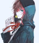  1boy amemura_ramuda blue_coat blue_eyes candy coat ebanoniwa food grey_background hair_over_one_eye hand_up holding holding_candy holding_food holding_lollipop hood hood_up hypnosis_mic lollipop looking_at_viewer male_focus neck_ribbon one_eye_covered parted_lips red_hair red_ribbon ribbon shirt simple_background solo upper_body white_shirt 
