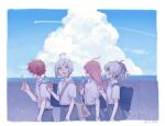  1girl 2boys ahoge bag blue_eyes blue_sky cloud commentary condensation_trail day flower_(vocaloid) food from_side fukase grey_pants grey_skirt holding holding_food long_hair looking_at_viewer mi_no_take multicolored_hair multiple_boys ocean outdoors pants pink_hair popsicle popsicle_stick purple_eyes purple_hair red_hair school_bag school_uniform sf-a2_miki shirt short_hair short_sleeves shoulder_bag skirt sky streaked_hair symbol-only_commentary upper_body utatane_piko v_flower_(vocaloid4) vocaloid walking white_hair white_shirt 