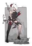  1girl absurdres apocalypse asymmetrical_legwear black_horns boots bottle breasts cosplay demon_horns eyewear_removed full_body glasses gloves grey_eyes helltaker highres horns justice_(helltaker) large_breasts mismatched_legwear nier_(series) nier_automata pod_(nier_automata) red_gloves revealing_clothes round_eyewear sharaku_koji short_hair single_boot smile sword sword_behind_back thigh_boots thighhighs thighs vanripper_(style) weapon yorha_type_a_no._2 yorha_type_a_no._2_(cosplay) 