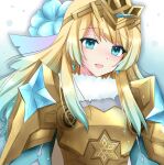  1girl alternate_hair_length alternate_hairstyle armor bangs blonde_hair blue_dress blue_eyes blue_flower blue_hair breastplate commentary dress earrings eyebrows_visible_through_hair fire_emblem fire_emblem_heroes fjorm_(fire_emblem) flower fur_collar fur_trim gradient_hair hair_between_eyes hair_flower hair_ornament jewelry kirishima_riona long_hair long_sleeves looking_at_viewer multicolored_hair open_mouth shoulder_armor sidelocks smile solo tiara tongue two-tone_hair upper_body very_long_hair 