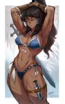  1girl amazon armpits arms_up artist_name avatar_(series) bikini black_hair breasts closed_eyes dark-skinned_female dark_skin hair_between_eyes highres iahfy jewelry knife korra large_breasts muscular muscular_female navel necklace patreon_username ponytail scar scared solo swimsuit the_legend_of_korra thigh_strap twitter_username watermark 