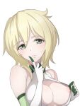  1girl akatsuki_kirika areola_slip areolae blaze_pso2 blonde_hair blush breasts center_opening clothes_pull elbow_gloves finger_to_mouth gloves green_eyes highres large_breasts looking_at_viewer senki_zesshou_symphogear shiny shiny_hair shiny_skin short_hair simple_background solo upper_body white_background white_gloves 