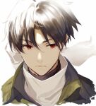  1boy 86_-eightysix- bangs black_hair closed_mouth collared_shirt commentary_request green_shirt highres looking_to_the_side red_eyes scar scar_on_neck scarf shinei_nouzen shirabi shirt short_hair white_background 