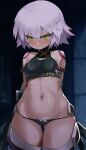  1girl arms_behind_back ass_visible_through_thighs bare_shoulders black_panties blush breasts buckle closed_mouth commentary_request covered_nipples eyebrows_visible_through_hair fate/apocrypha fate_(series) green_eyes hair_between_eyes highres jack_the_ripper_(fate/apocrypha) medium_breasts navel panties scar scar_across_eye scar_on_cheek scar_on_face shimejinameko short_hair shoulder_tattoo solo stomach tattoo thick_thighs thigh_gap thighs underwear white_hair wide_hips 