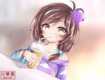  1girl absurdres artist_request bad_link blob brown_eyes brown_hair bubble_tea centi_(nimu) cup disposable_cup drink drinking drinking_straw drinking_straw_in_mouth hair_ornament highres holding holding_drink indie_virtual_youtuber low_twintails multicolored_hair nimu_(vtuber) off-shoulder_shirt off_shoulder shirt short_hair solo star_(symbol) star_hair_ornament twintails 
