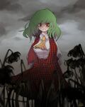  1girl :| absurdres arms_behind_back ascot bags_under_eyes breasts closed_mouth cloud cloudy_sky collared_shirt crying crying_with_eyes_open empty_eyes flower frown green_hair hair_blowing highres kazami_yuuka large_breasts long_sleeves looking_down mandarok1149 medium_hair plaid plaid_skirt plaid_vest red_eyes shirt signature skirt sky solo standing sunflower tears touhou vest white_shirt wing_collar yellow_ascot 