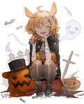  ahoge akebisousaku animal_ears arknights bandage_over_one_eye bandaged_arm bandages bat black_cloak black_legwear blonde_hair braid candy cloak commentary_request facing_viewer fence food ghost hair_ornament hat highres holding holding_candy holding_food jack-o&#039;-lantern kroos_(arknights) kroos_(the_mag)_(arknights) official_alternate_costume open_mouth sarashi shoes short_twintails simple_background skull_hair_ornament smile sneakers squatting tiptoes tombstone top_hat twintails white_background 
