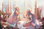  2girls azura_(fire_emblem) barefoot blue_eyes blue_hair dress dual_persona elbow_gloves fingerless_gloves fire_emblem fire_emblem_fates fire_emblem_heroes flower gloves hair_between_eyes hairband jewelry krazehkai long_hair multiple_girls pointy_ears simple_background smile veil very_long_hair yellow_eyes younger 