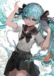  1girl air_bubble aqua_eyes bangs black_bow black_bowtie black_ribbon black_sailor_collar black_skirt blue_hair bottle_miku bow bowtie bubble commentary cowboy_shot fish goldfish hair_between_eyes hair_ribbon hatsune_miku highres liquid_hair long_hair looking_at_viewer parted_lips ribbon sailor_collar saz8720 school_uniform serafuku shirt short_sleeves skirt solo twintails very_long_hair vocaloid water white_background white_shirt 