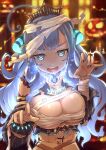  1girl ahoge bandaged_head bandages blue_background blue_eyes blue_hair breasts cleavage detached_sleeves glowing halloween highres jack-o&#039;-lantern long_hair looking_at_viewer mitsuru_(pixiv_34028718) mummy_costume nail_polish open_mouth prism_project rikudou_yura solo tiara virtual_youtuber 