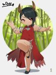  1girl bamboo bamboo_forest bangs bare_shoulders black_footwear black_hair blurry blurry_background closed_mouth commentary commission depth_of_field dress eyebrows_visible_through_hair fang fang_out forest full_body highres horns kuro_kosyou nature original pointy_ears red_dress red_eyes shoes skeb_commission solo standing standing_on_one_leg 
