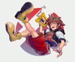  1boy blue_eyes brown_hair fingerless_gloves gloves highres hood jewelry keyblade kingdom_hearts kingdom_hearts_i linvaniin looking_at_viewer male_focus necklace open_mouth short_hair smile solo sora_(kingdom_hearts) spiked_hair super_smash_bros. 