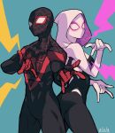  1boy 1girl ass bodysuit breasts commentary english_commentary gwen_stacy highres hood marvel mask medium_breasts miles_morales silk simple_background skin_tight spider-gwen spider-man:_into_the_spider-verse spider-man_(miles_morales) spider-man_(series) spider_web spider_web_print superhero sushi_pizza_rrr 