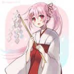  1girl alternate_costume bangs blue_hair blush eyebrows_visible_through_hair gohei gradient_hair hair_ornament hairclip hakama harusame_(kancolle) hatomaru_(hatomaru56) japanese_clothes kantai_collection long_hair miko multicolored_hair one-hour_drawing_challenge open_mouth pink_hair ponytail red_eyes red_hakama shide side_ponytail sidelocks simple_background solo twitter_username upper_body wide_sleeves 